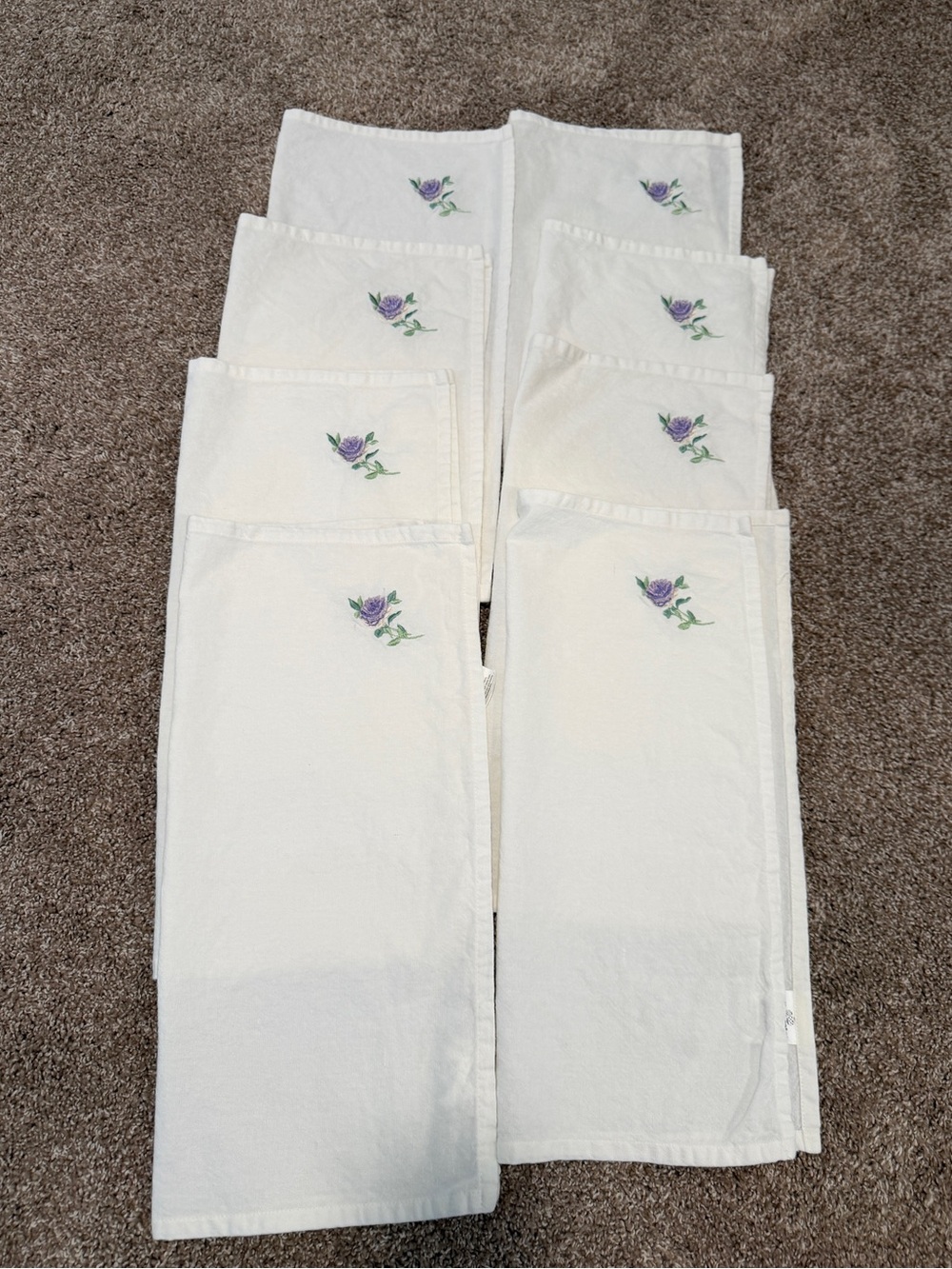 White Embroidered Flower Cotton Napkins Set of 8 Purple Green Cloth Cottagecore